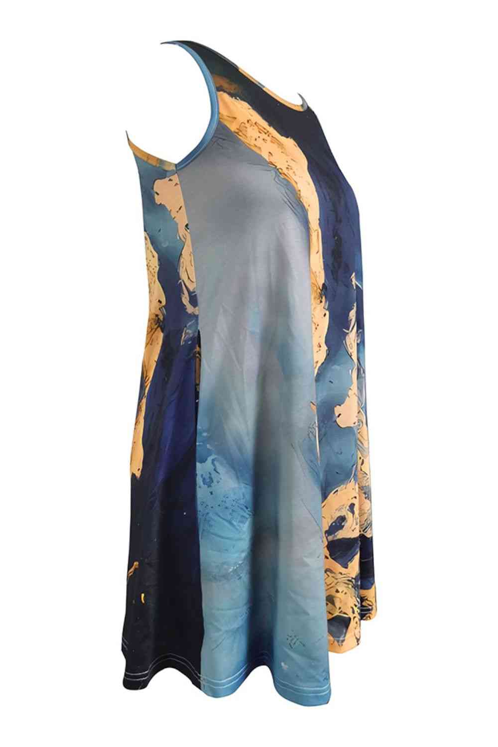 Shiny Abstract Print Round Neck Sleeveless Dress with Pockets Dresses