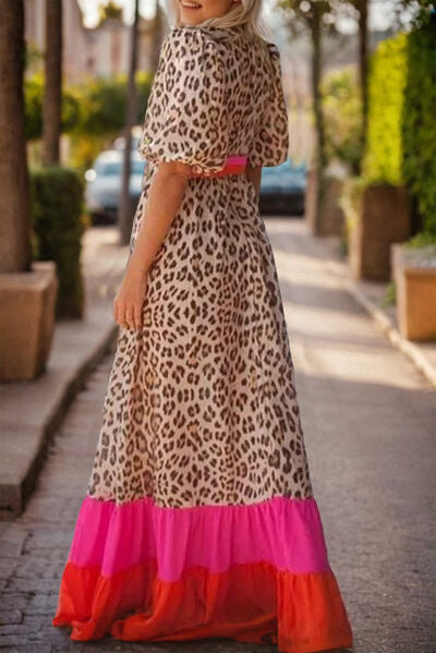 Full Size Leopard V-Neck Half Sleeve Maxi Dress Dresses