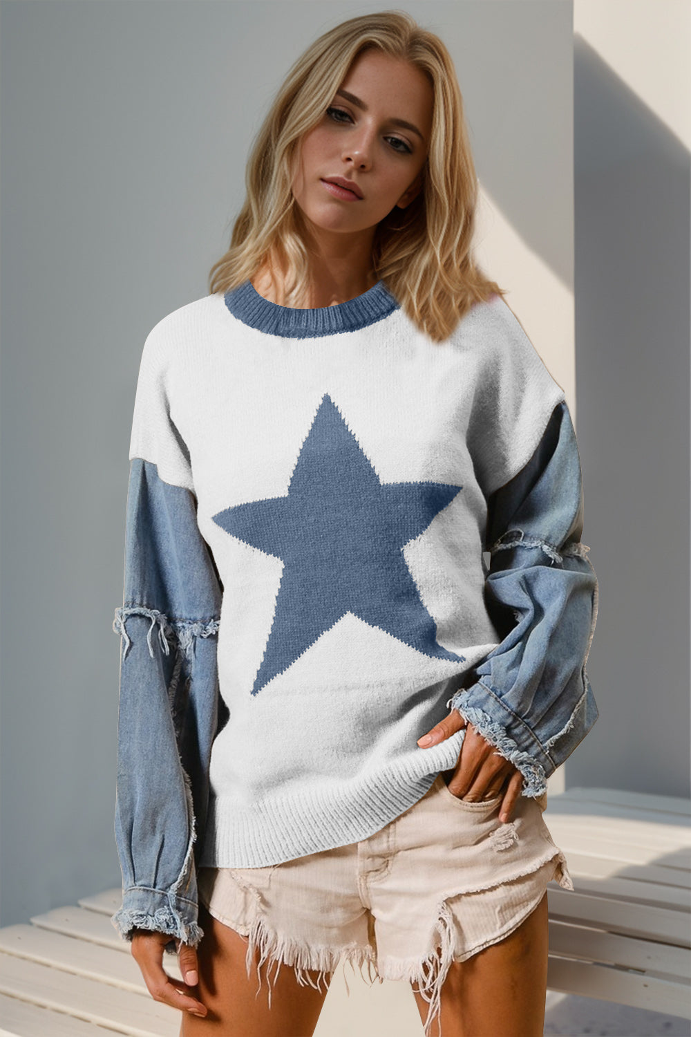 Double Take Full Size Star Pattern Raw Edge Long Sleeve Sweater 