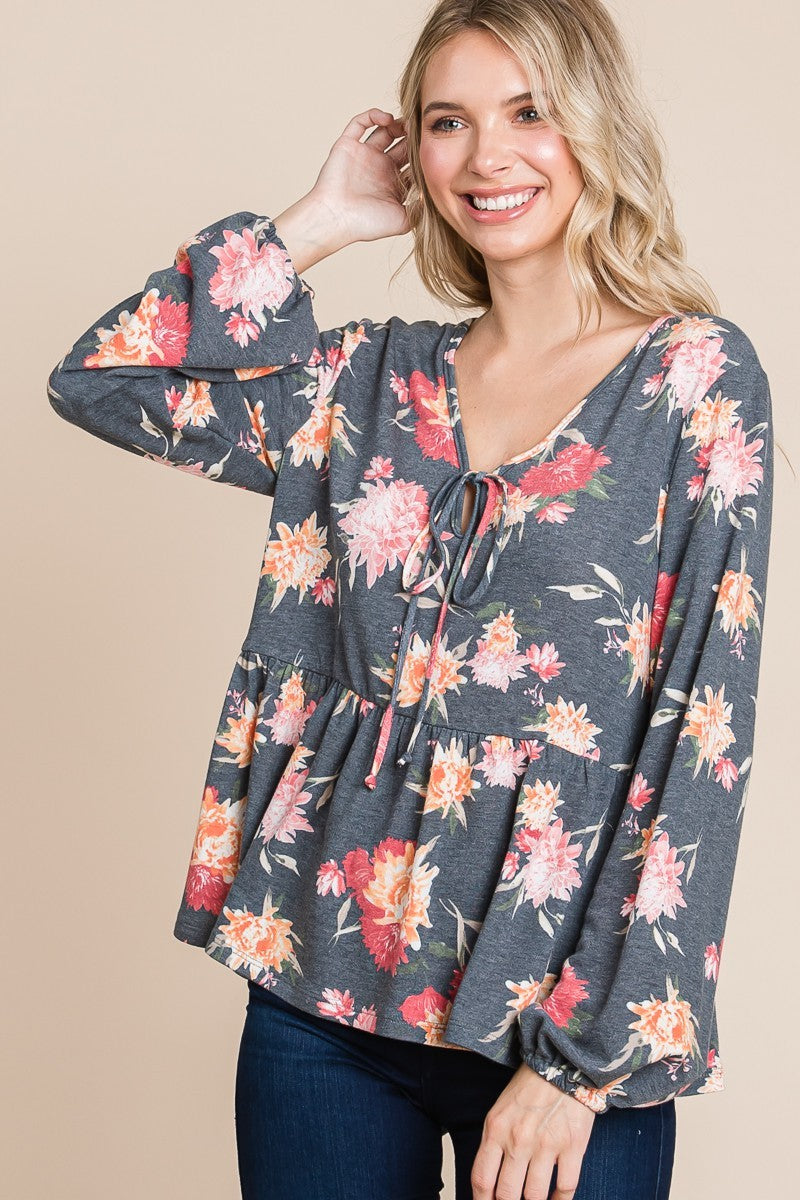 Super Lady Full Size Babydoll Floral Long Sleeve Blouse 