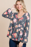 Super Lady Full Size Babydoll Floral Long Sleeve Blouse 