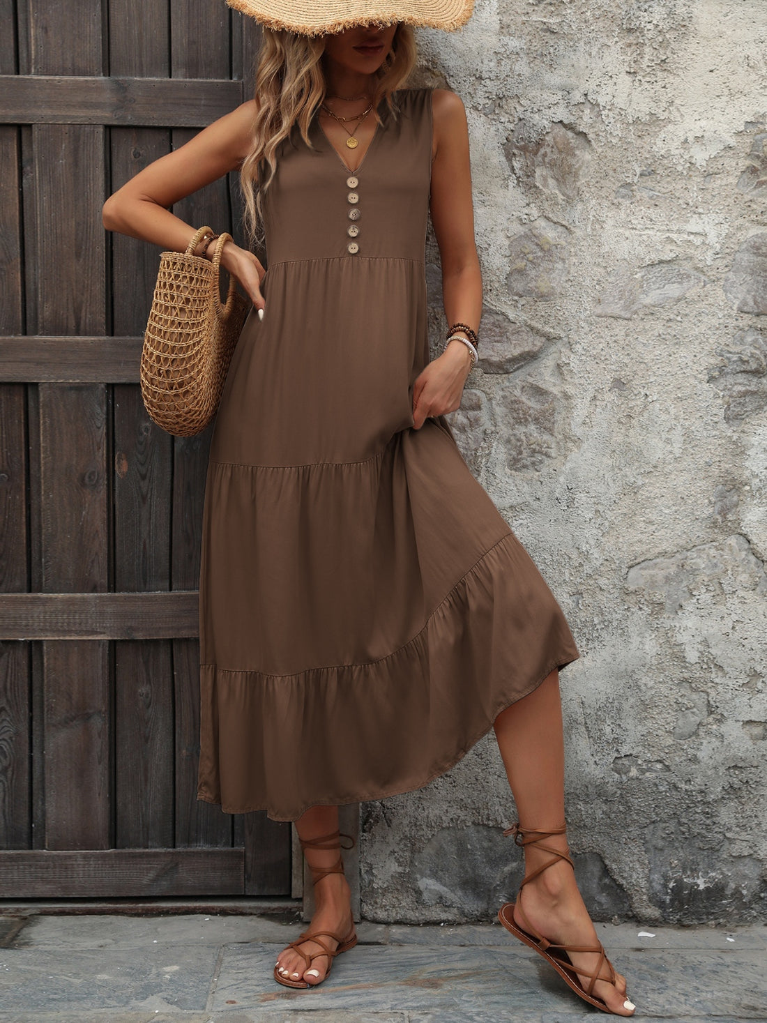 Ivy Lane Decorative Button Notched Sleeveless Dress 