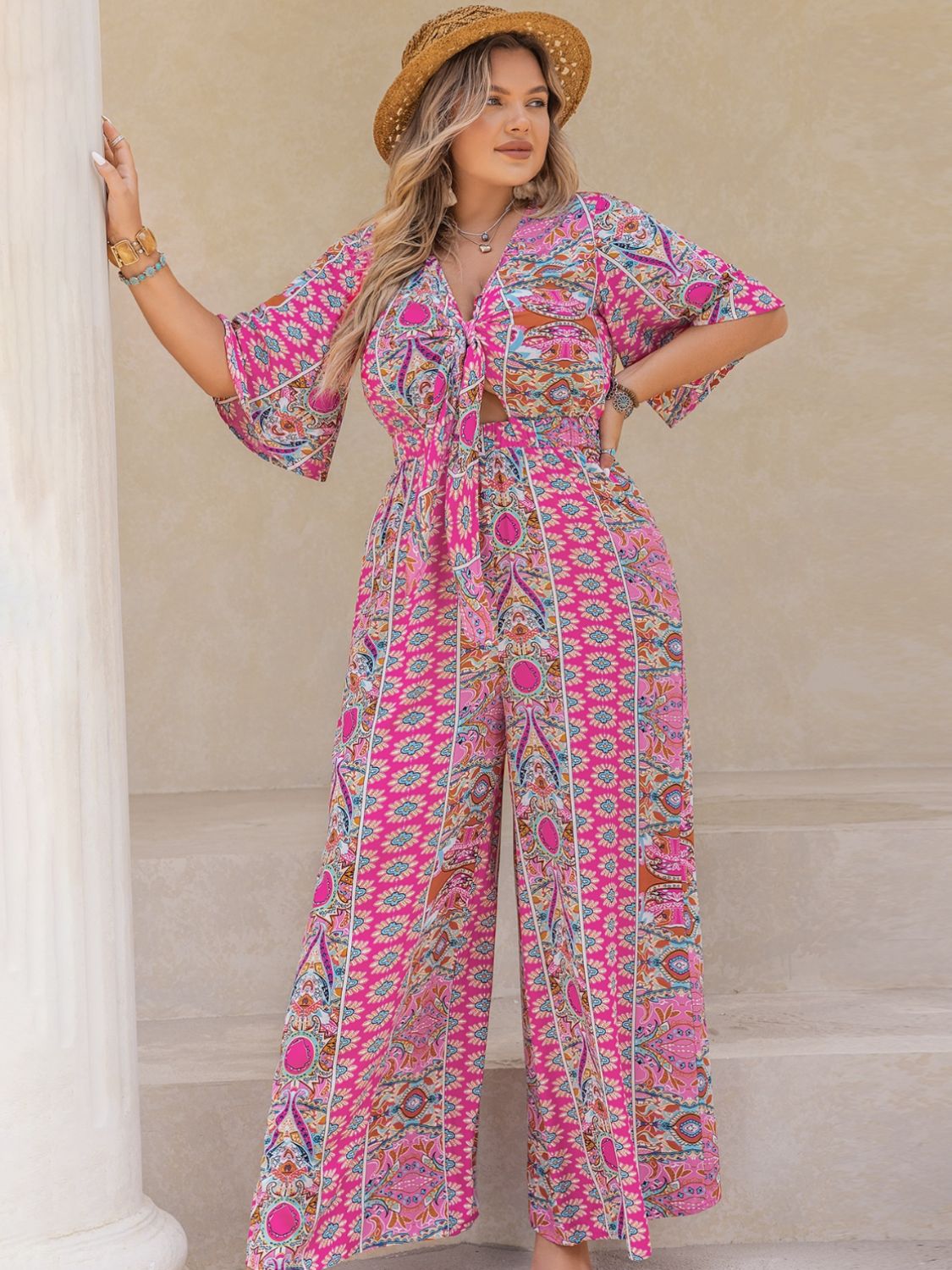Plus Size Printed Half Sleeve Wide Leg Jumpsuit 
