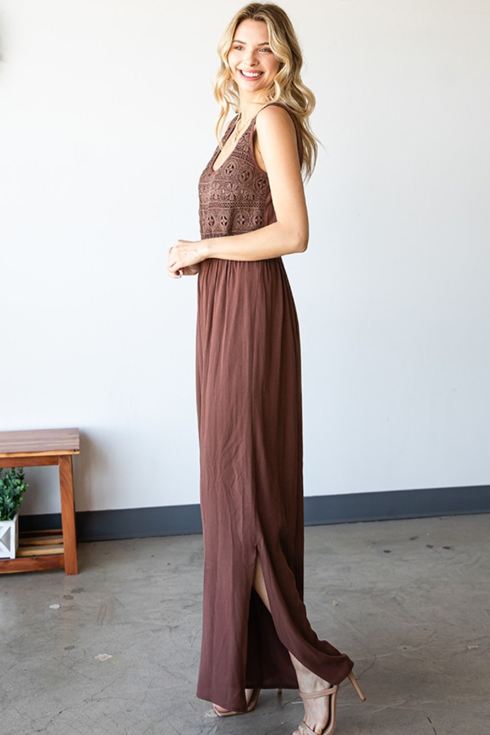 First Love Tie Back Sleeveless Slit Wide Leg Jumpsuit 