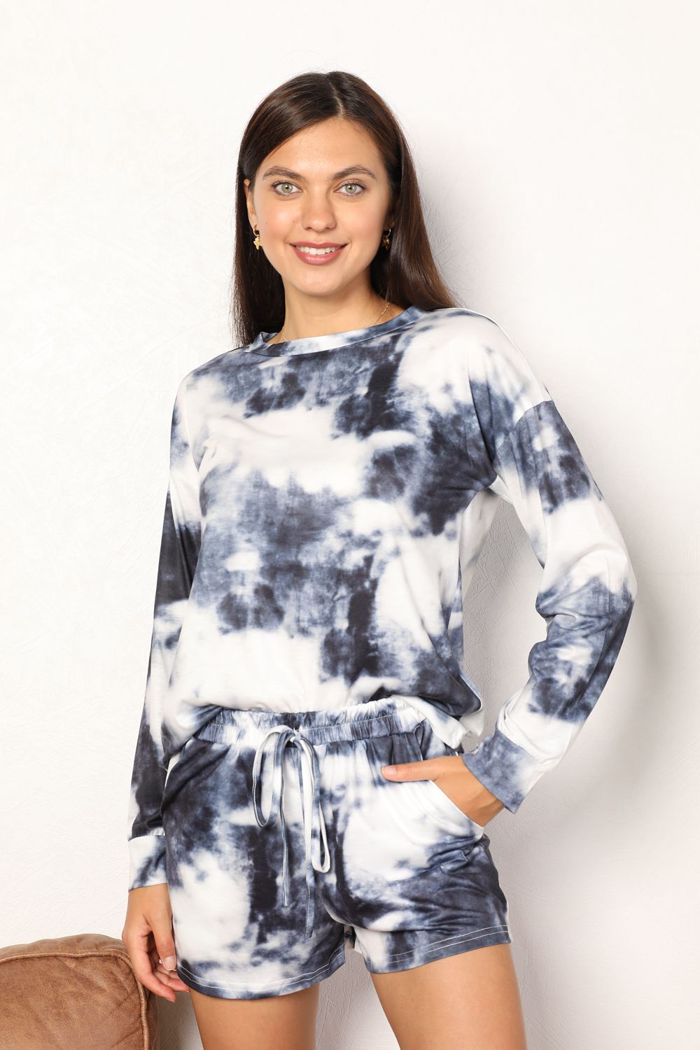 Shiny Tie-Dye Round Neck Top and Shorts Lounge Set 