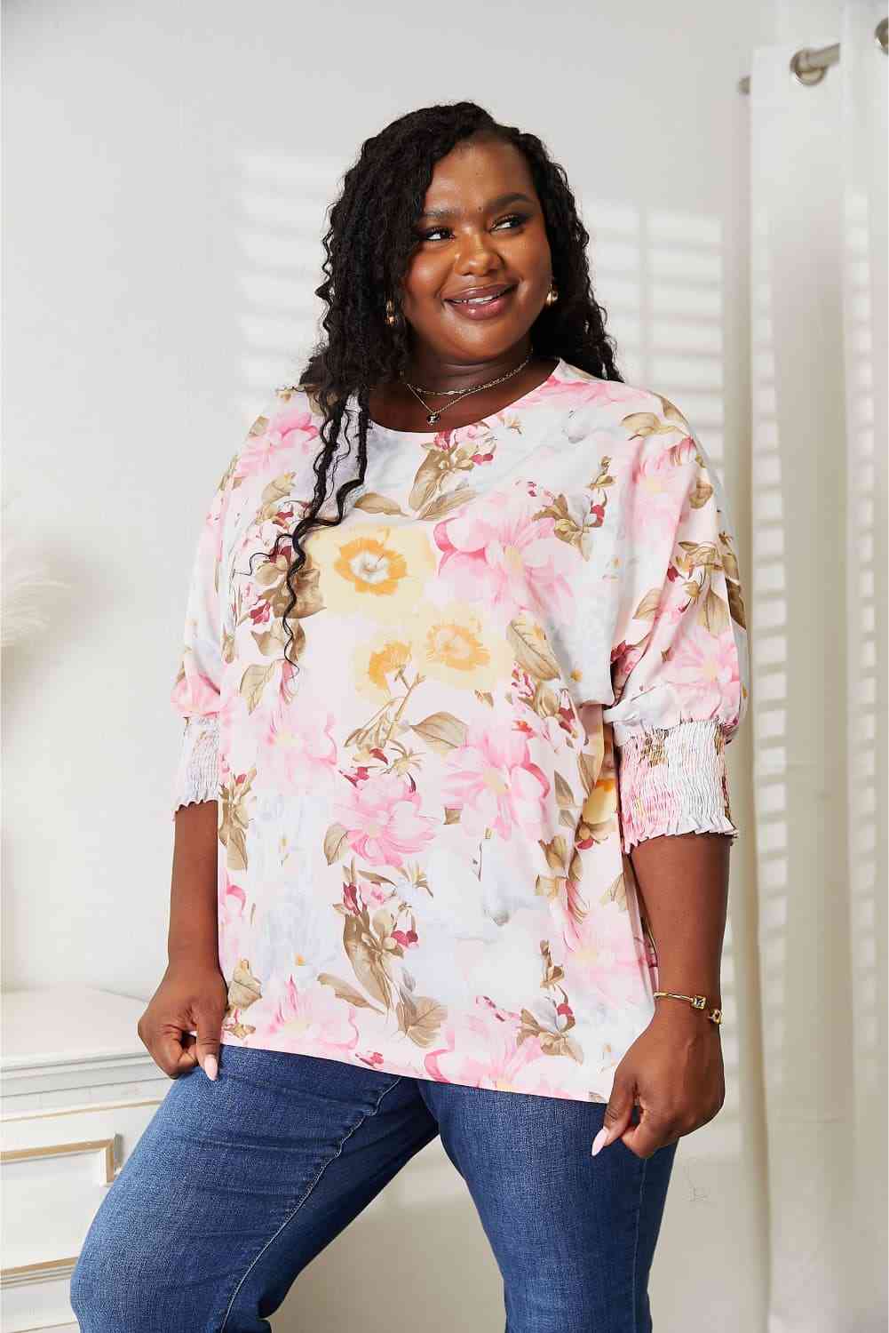 Double Take Floral Round Neck Three-Quarter Sleeve Top 