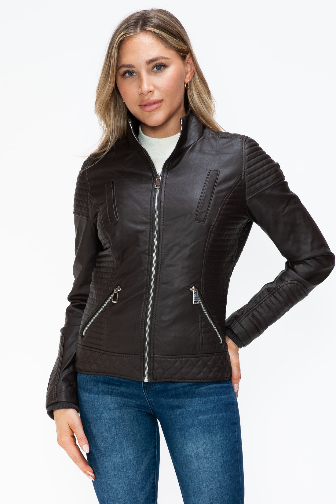 YMI Faux Layered Double-Zipper Jacket with Fuzzy Hood 