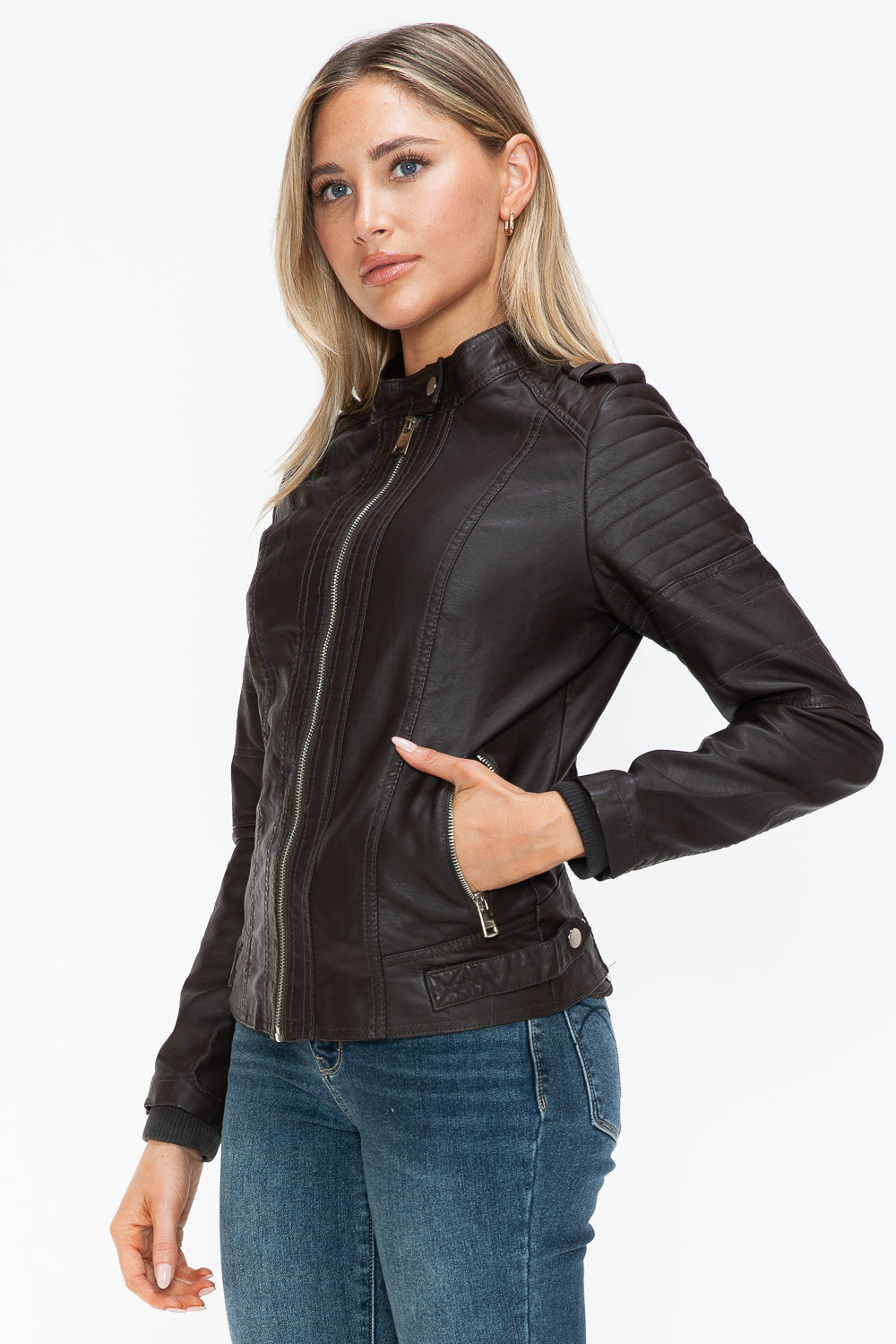 Snobbish PU Leather Biker Jacket with Side Zip Pockets 