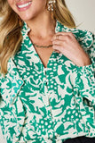 Double Take Full Size Printed Ruffle Trim Balloon Sleeve Shirt 