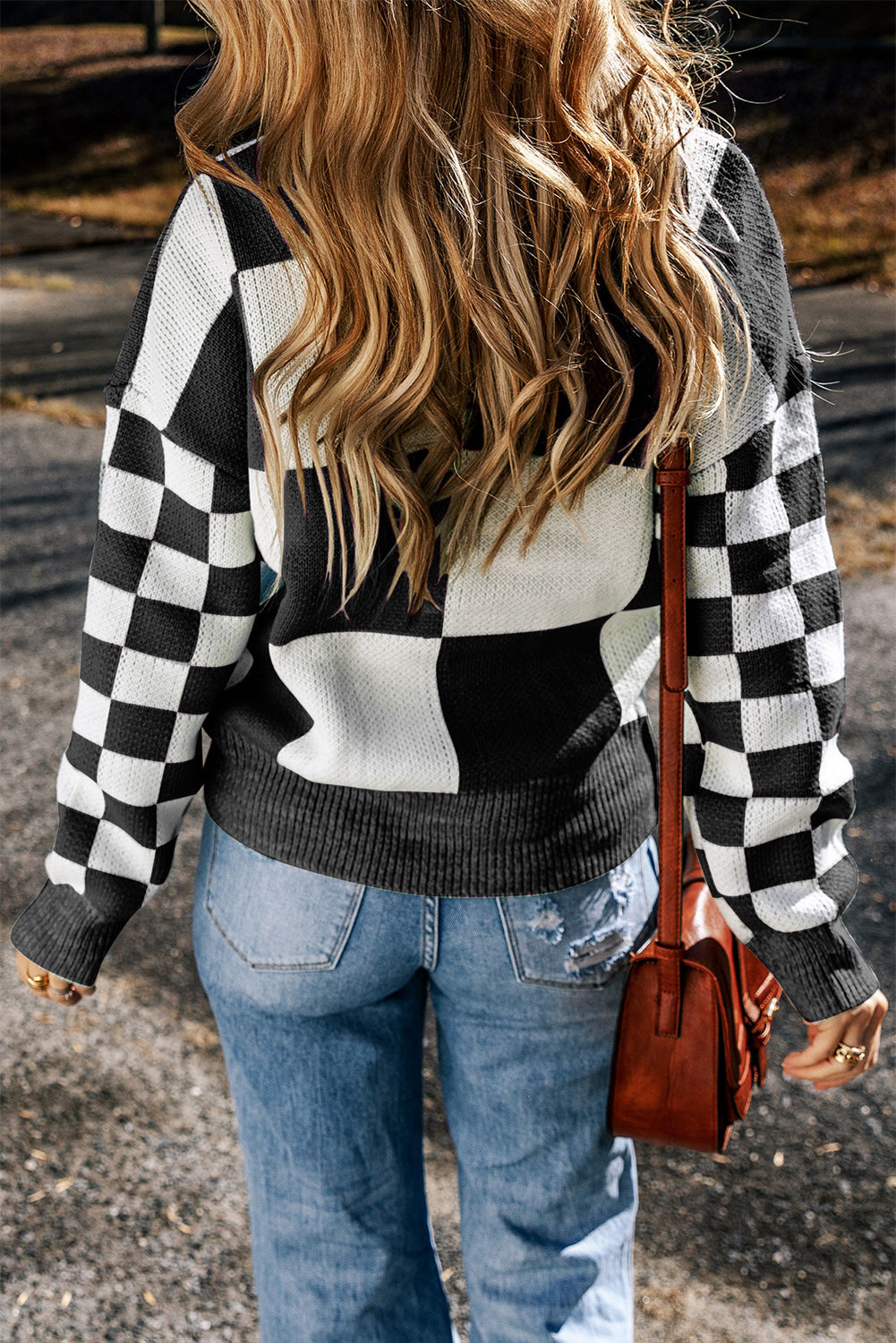 Checkered Round Neck Drop Shoulder Sweater 