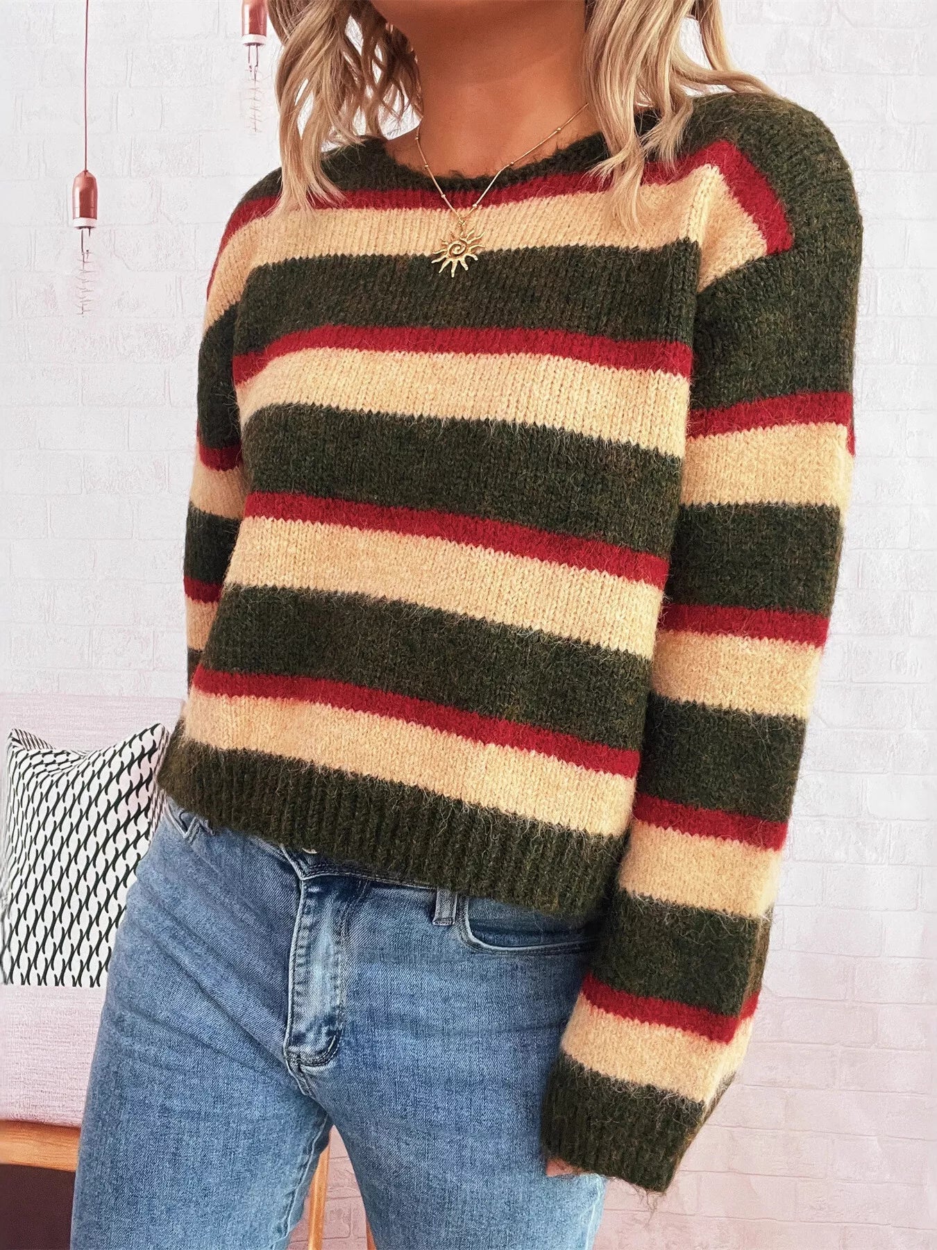 Striped Round Neck Long Sleeve Sweater 