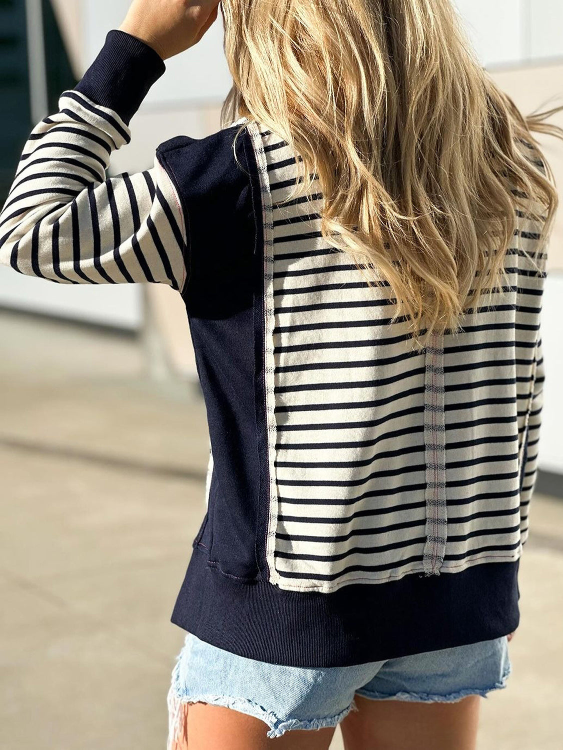 Slit Exposed Seam Striped Long Sleeve Sweatshirt 