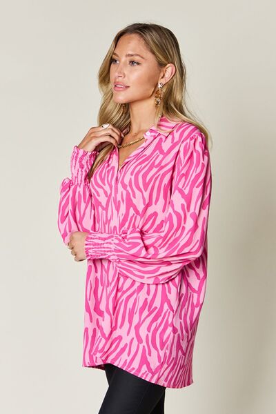 Double Take Full Size Printed Smocked Long Sleeve Blouse 