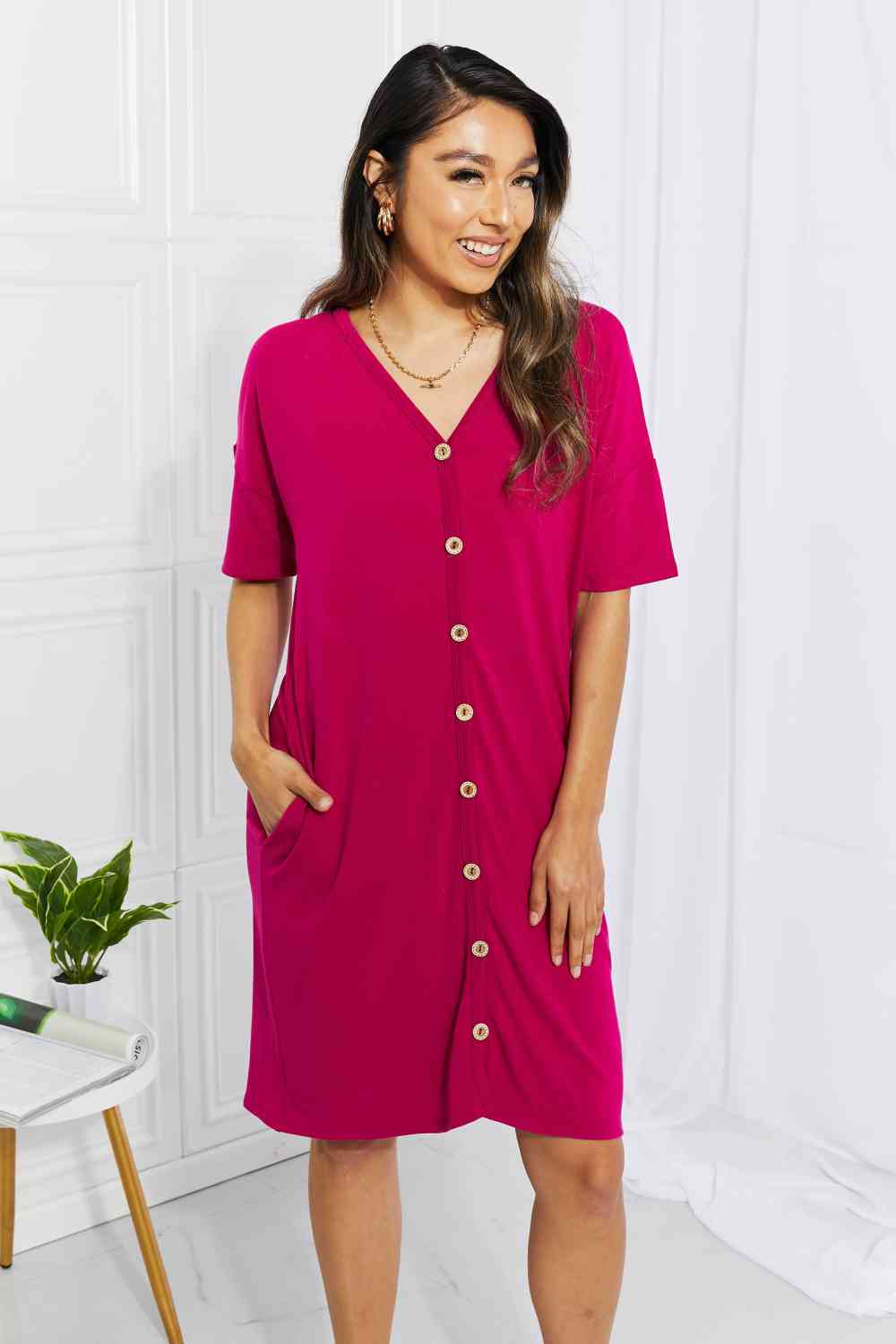 BOMBOM Sunday Brunch Button Down Knee-Length Dress in Magenta Dresses