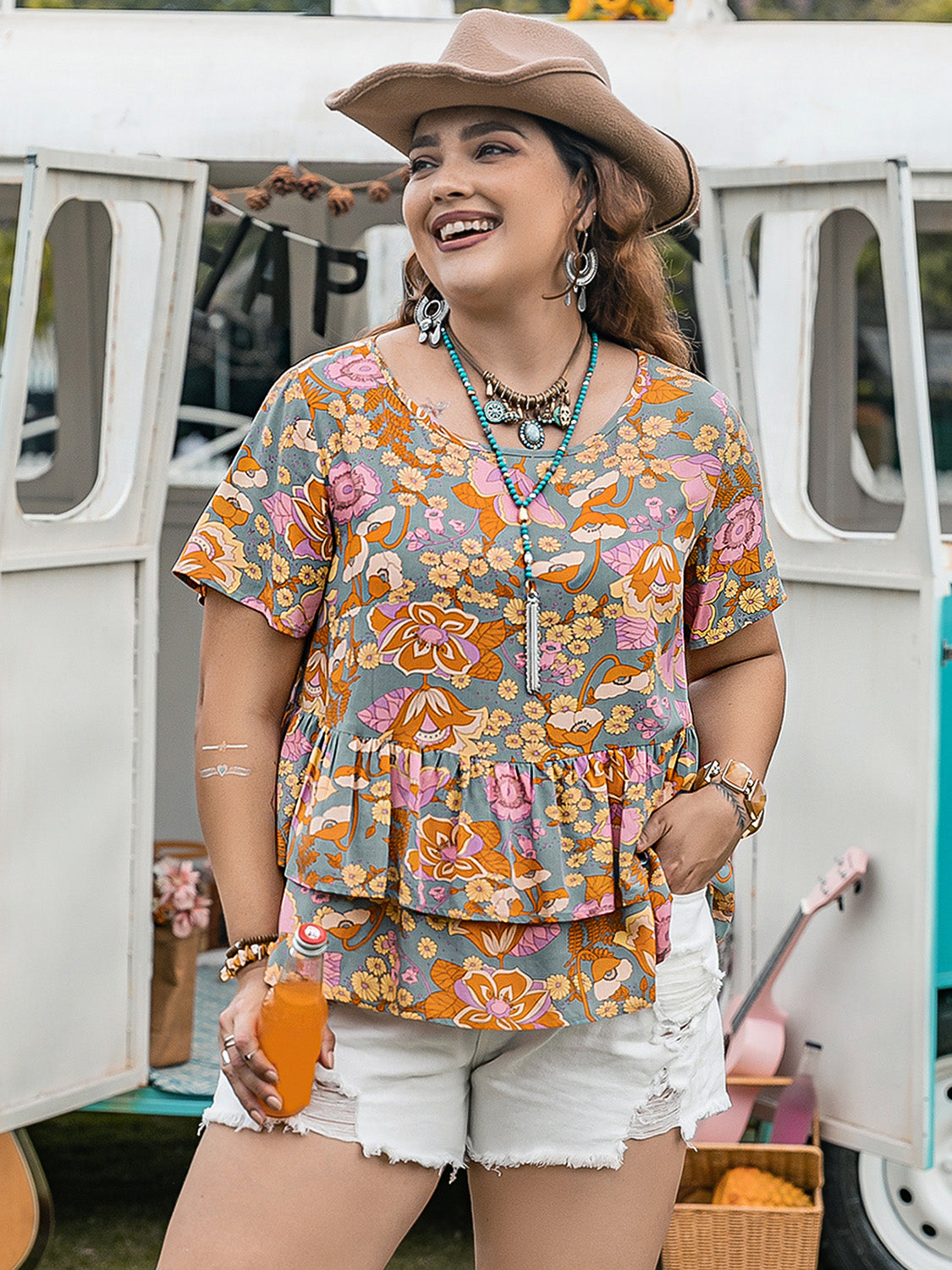 Plus Size Layered Printed Round Neck Short Sleeve Blouse 