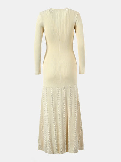 Openwork Round Neck Long Sleeve Sweater Dress Dresses