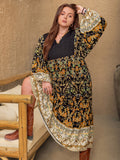 Plus Size Floral V-Neck Balloon Sleeve Midi Dress 