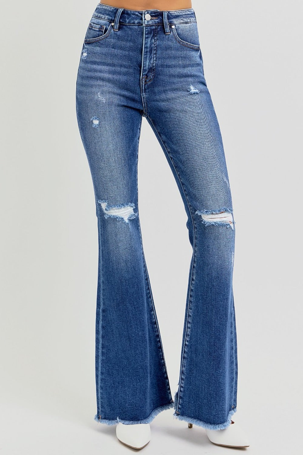 RISEN Full Size High Rise Distressed Raw Hem Flare Jeans 