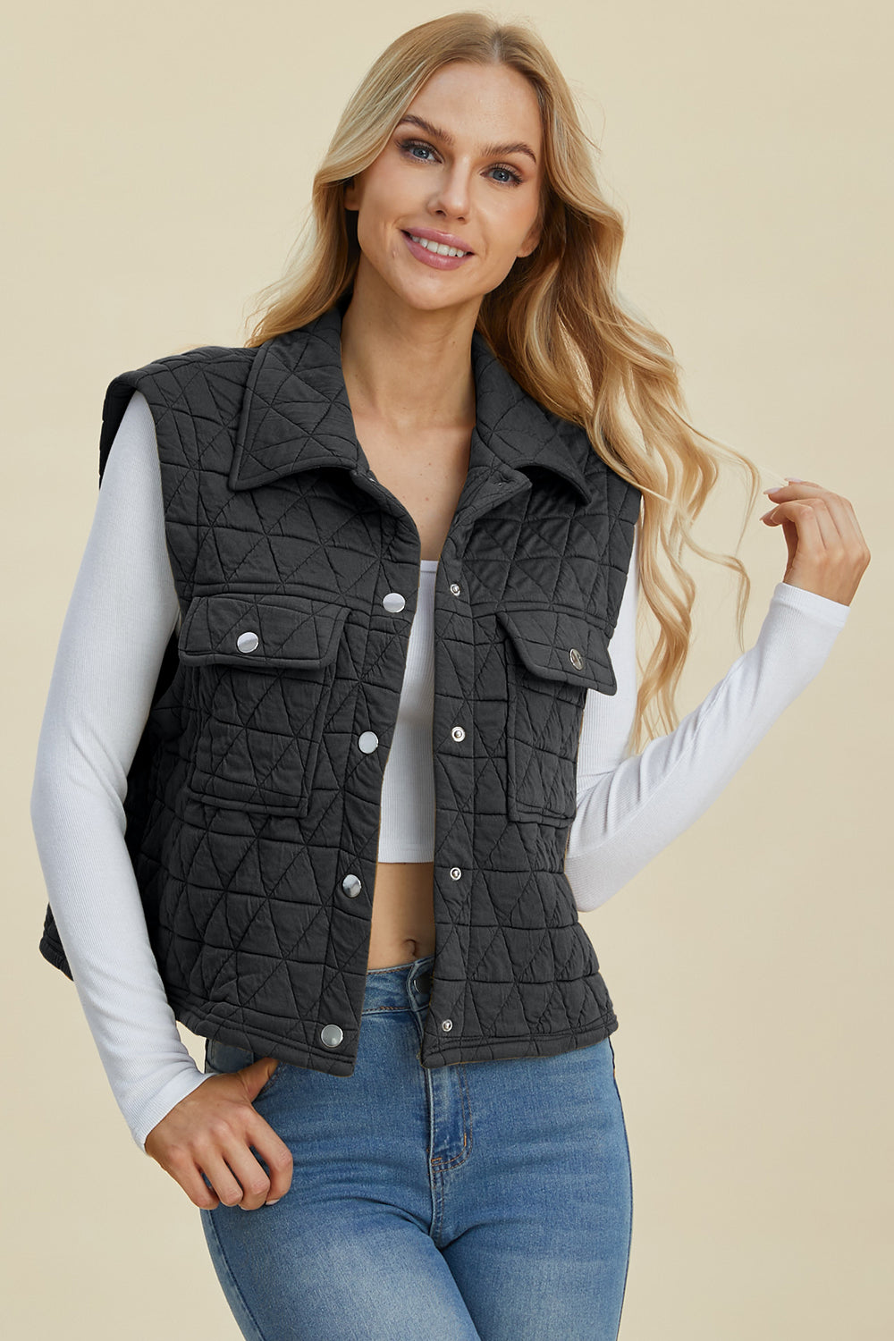 Double Take Full Size Pocketed Texture Snap Down Vest Coat 