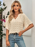 Swiss Dot Notched Neck Flare Sleeve Blouse 