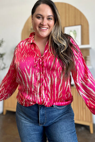 Double Take Full Size Printed Button Up Long Sleeve Shirt 
