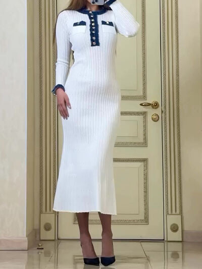 Contrast Trim Round Neck Long Sleeve Sweater Dress Dresses