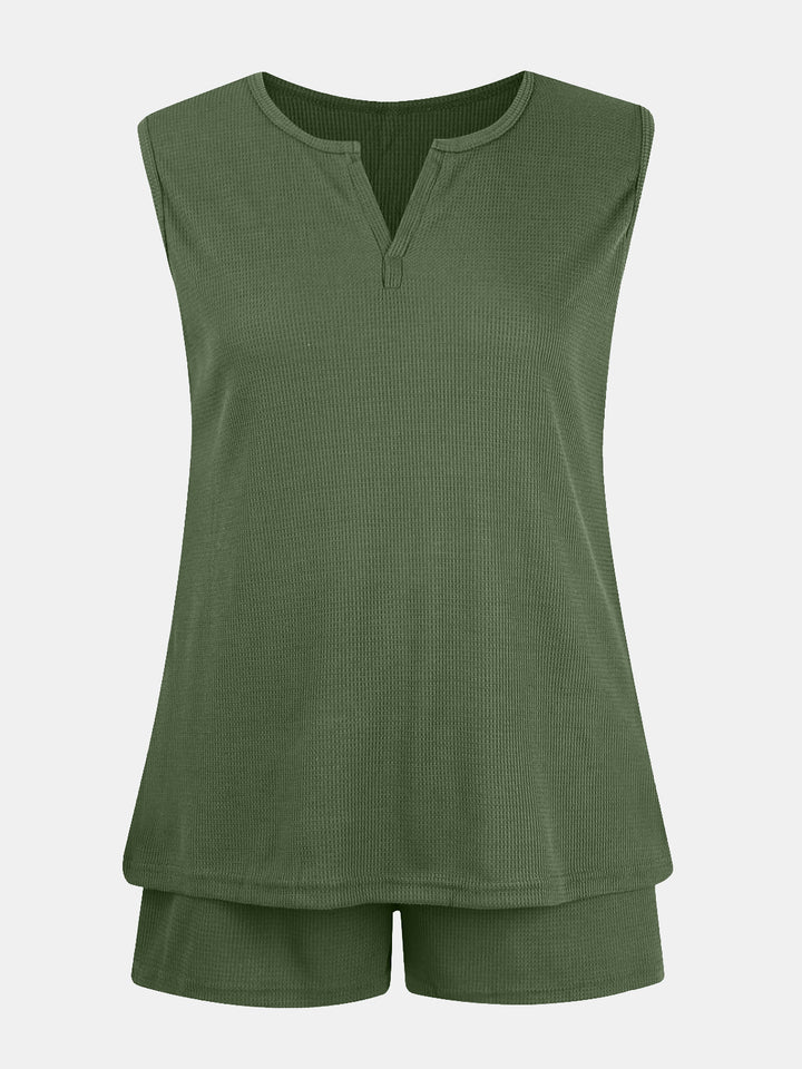 Full Size Waffle-Knit Notched Top and Shorts Set 