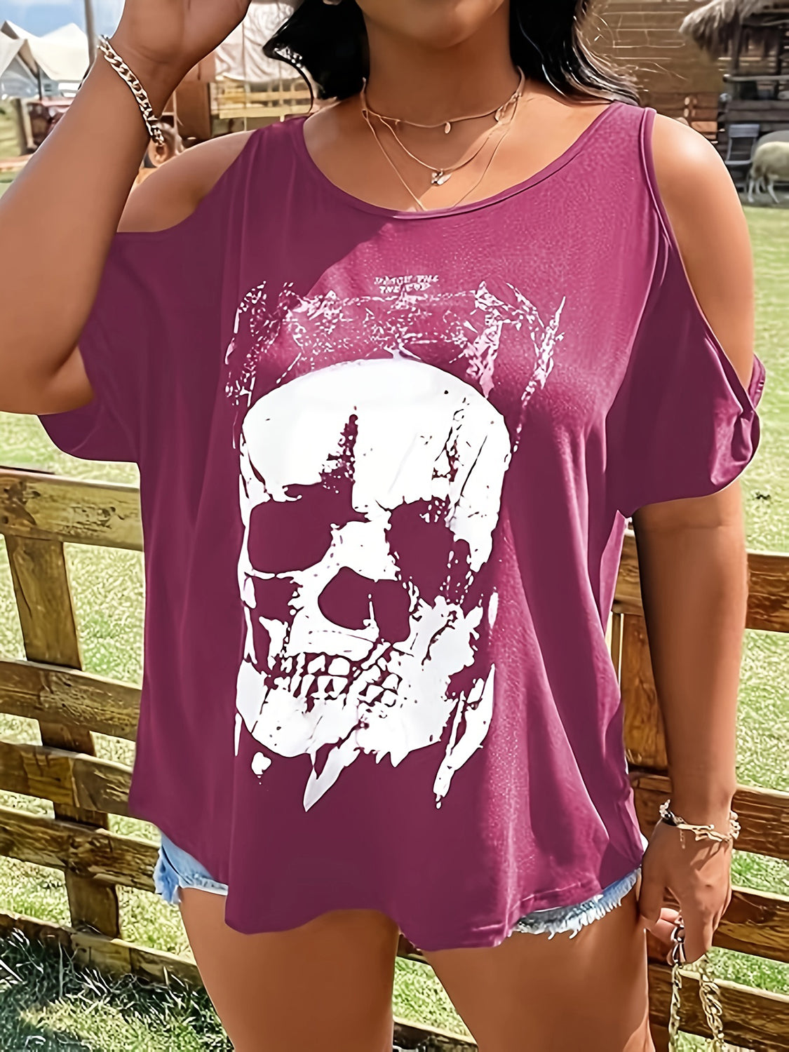 Plus Size Skeleton Graphic Round Neck Cold Shoulder T-Shirt 