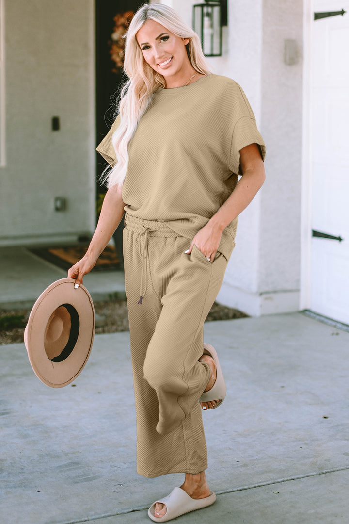 Double Take Full Size Texture Short Sleeve Top and Pants Set 