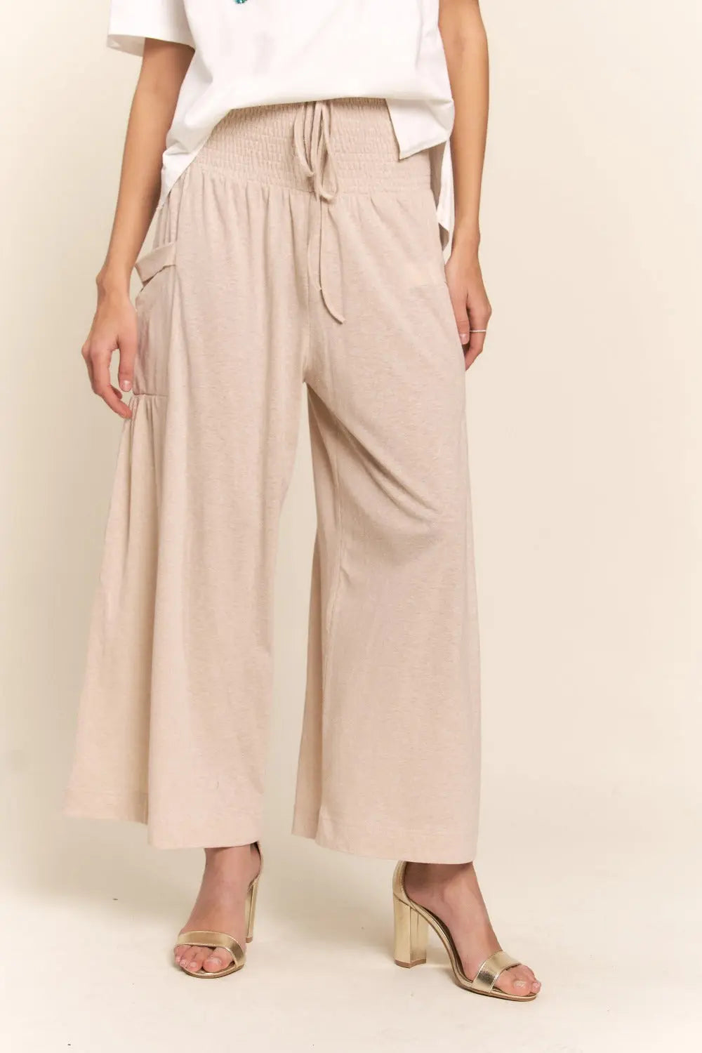 J.NNA Smocked Waist Boho Wide Leg Pants with Pockets 
