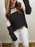 Waffle-Knit Lace Round Neck Long Sleeve T-Shirt 