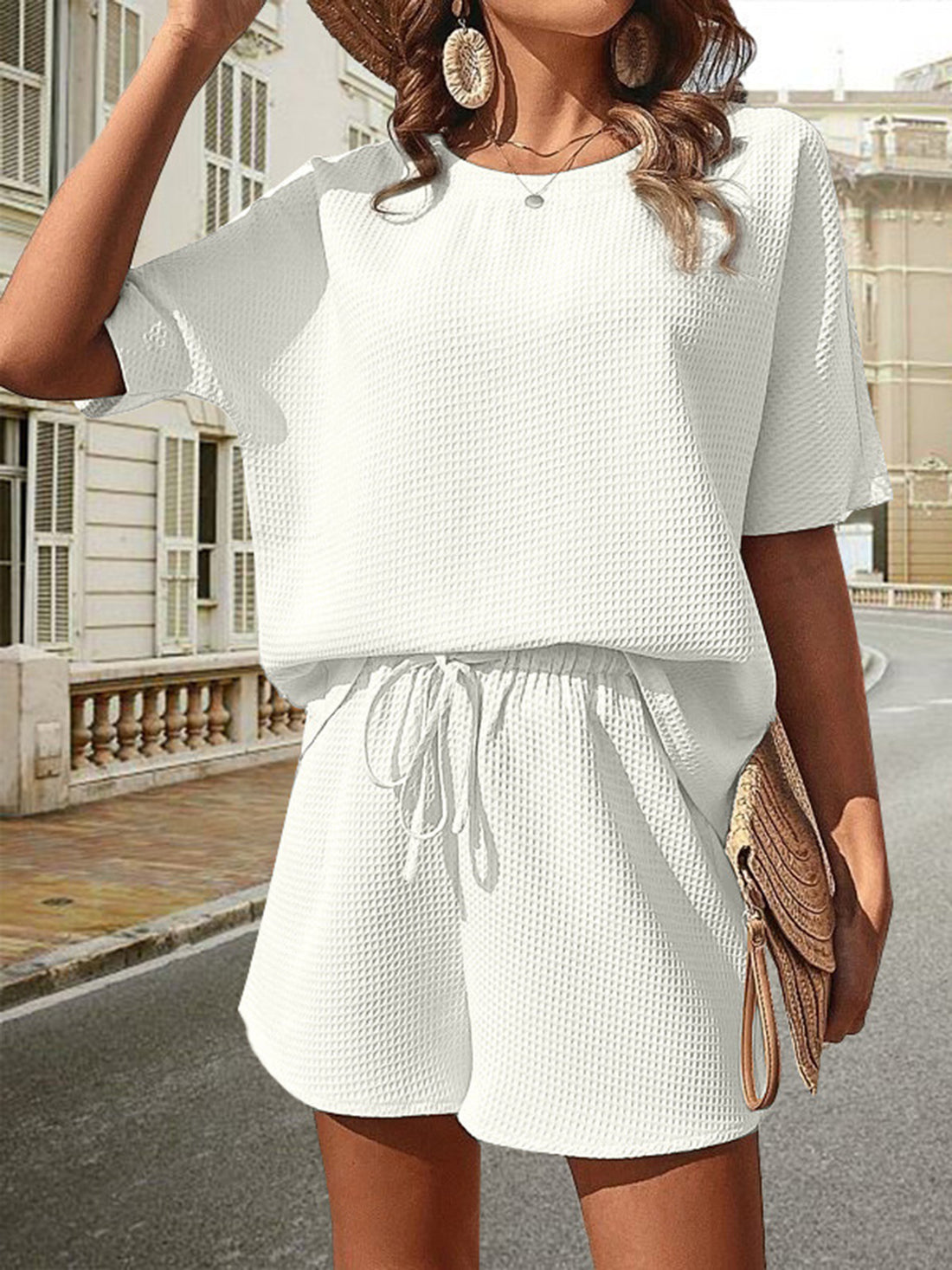 Waffle-Knit Half Sleeve Top and Shorts Set 