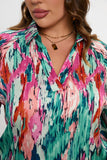 Plus Size Printed Johnny Collar Long Sleeve Blouse 