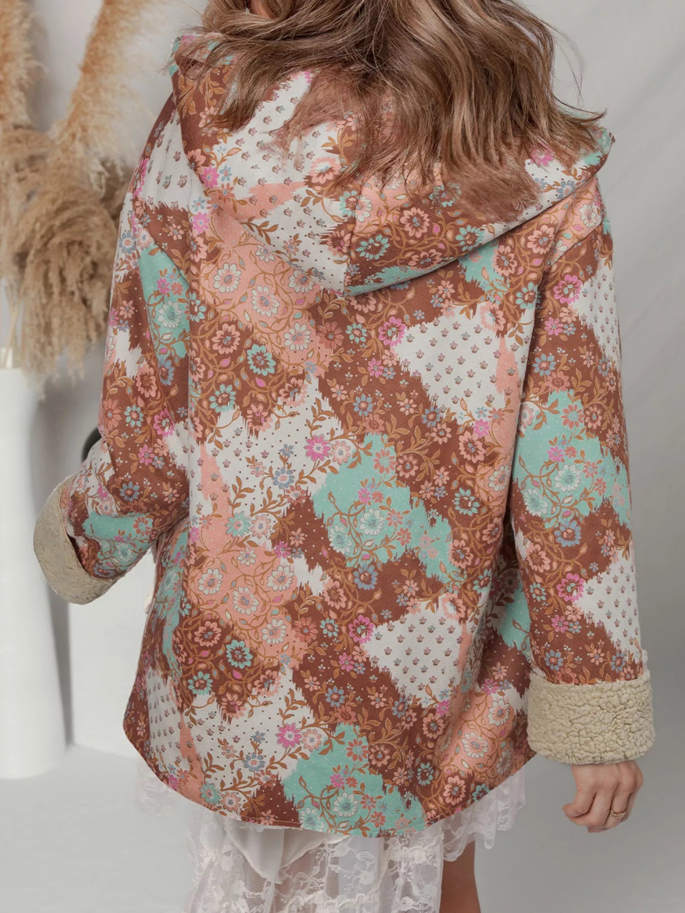 Floral Printed Sherpa Lined Hooded Jacket 