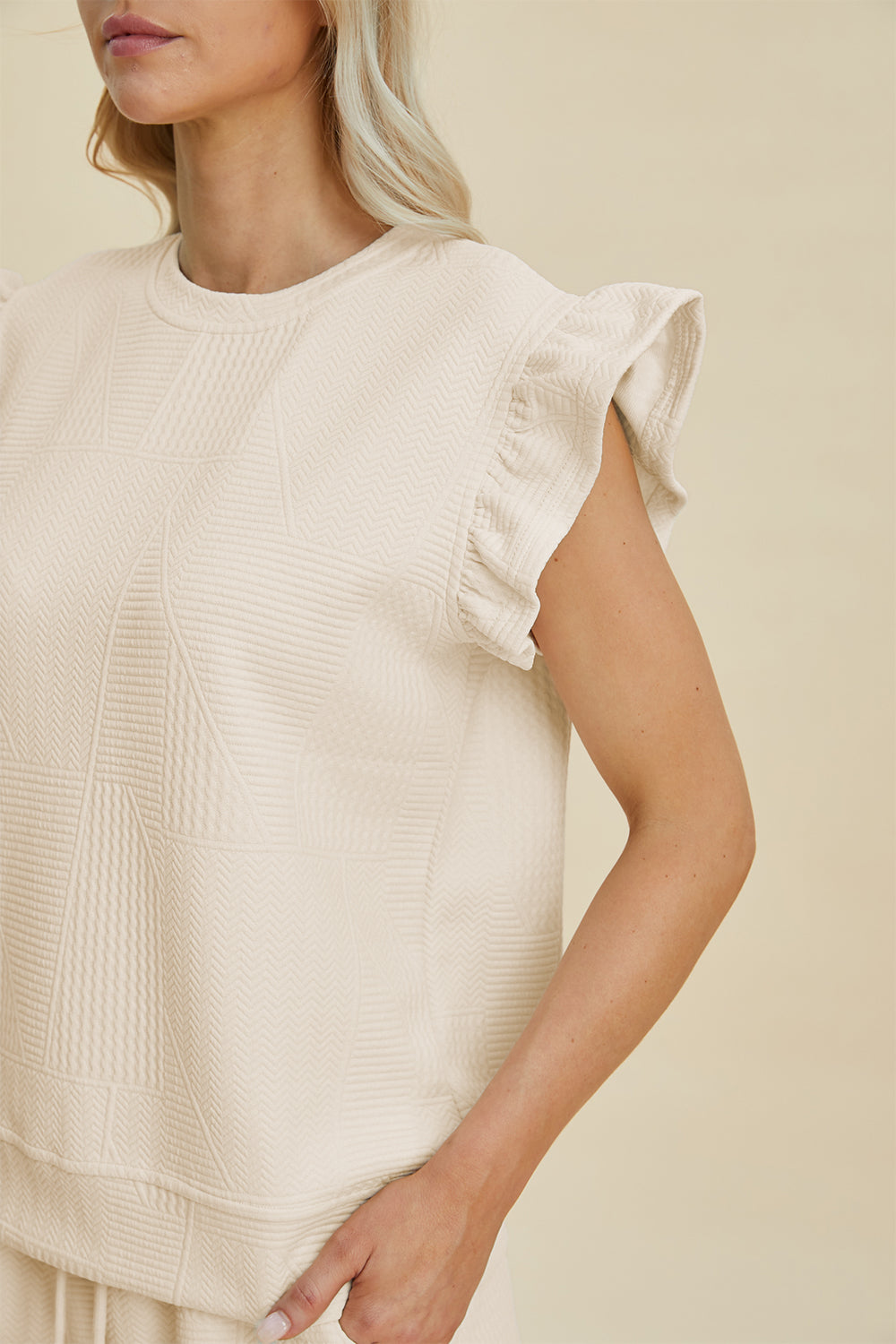 Double Take Full Size Texture Round Neck Ruffle Sleeve Top and Shorts Set 