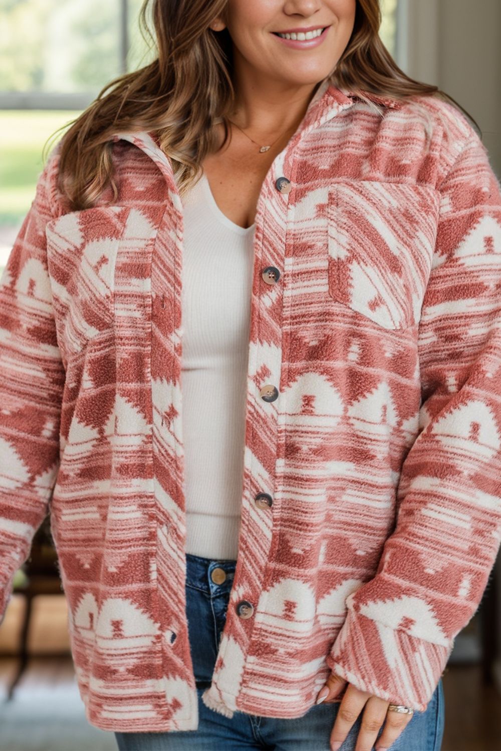 Plus Size Pocketed Printed Collared Neck Jacket 