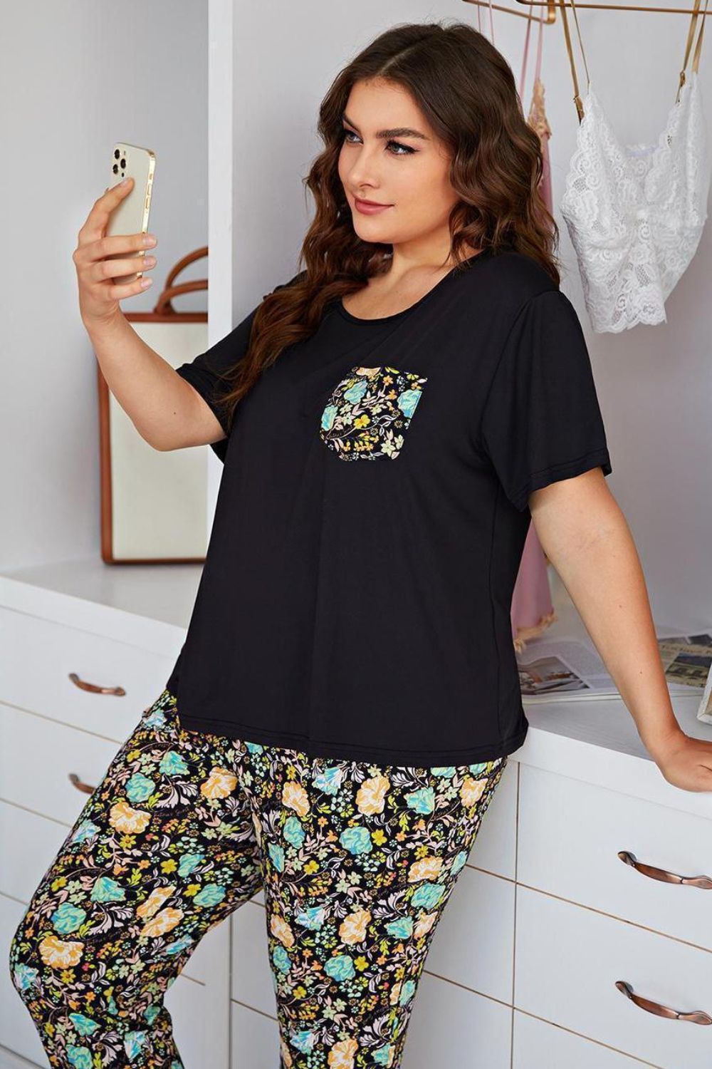 Plus Size Contrast Round Neck Tee and Floral Pants Lounge Set Lingerie & Nightwear