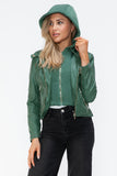 Snobbish Faux Leather Zip Up Drawstring Hooded Jacket 