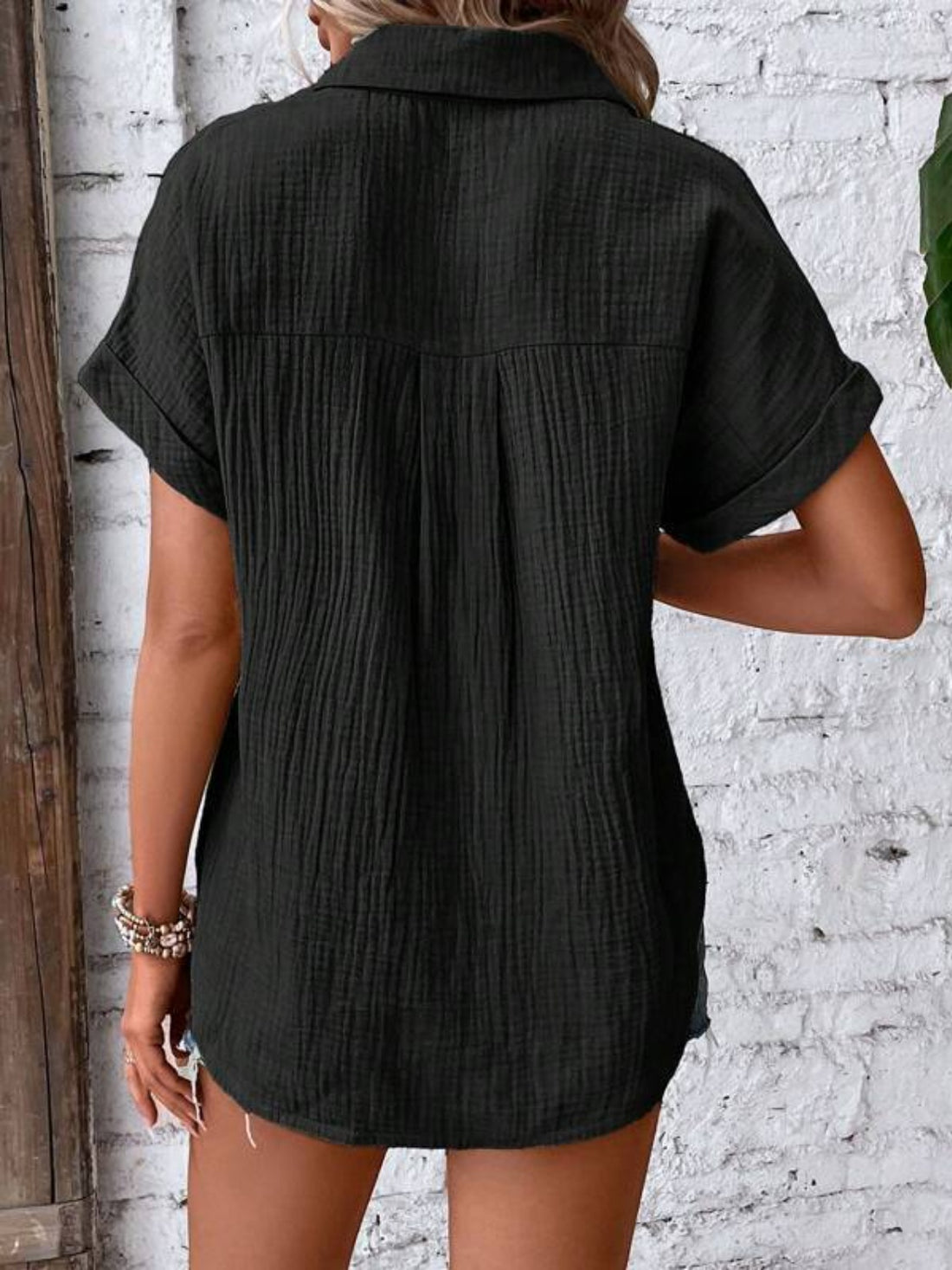 Lovelet Textured Button Up Short Sleeve Shirt 