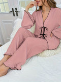 Contrast Trim Bow Tie Shirt and Pants Lounge Set Lingerie & Nightwear