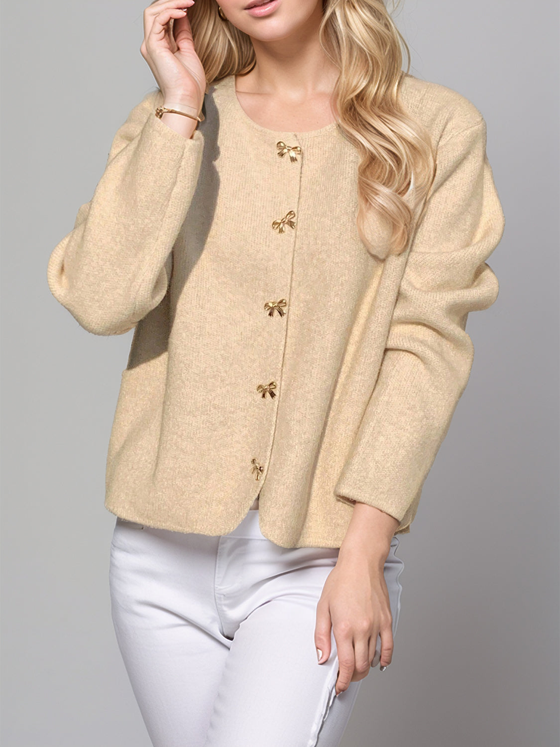 Bow Button Down Round Neck Long Sleeve Cardigan 
