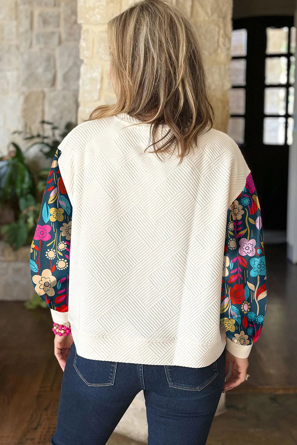 Plus Size Texture Printed Round Neck Long Sleeve Blouse 
