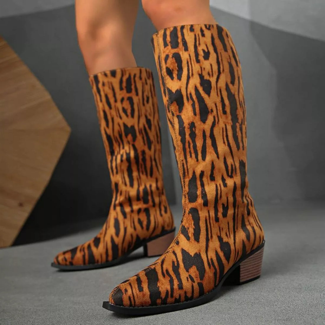 Animal Print Point Toe Block Heels Boots 