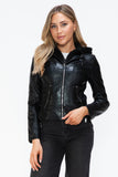Snobbish Faux Leather Zip Up Drawstring Hooded Jacket 