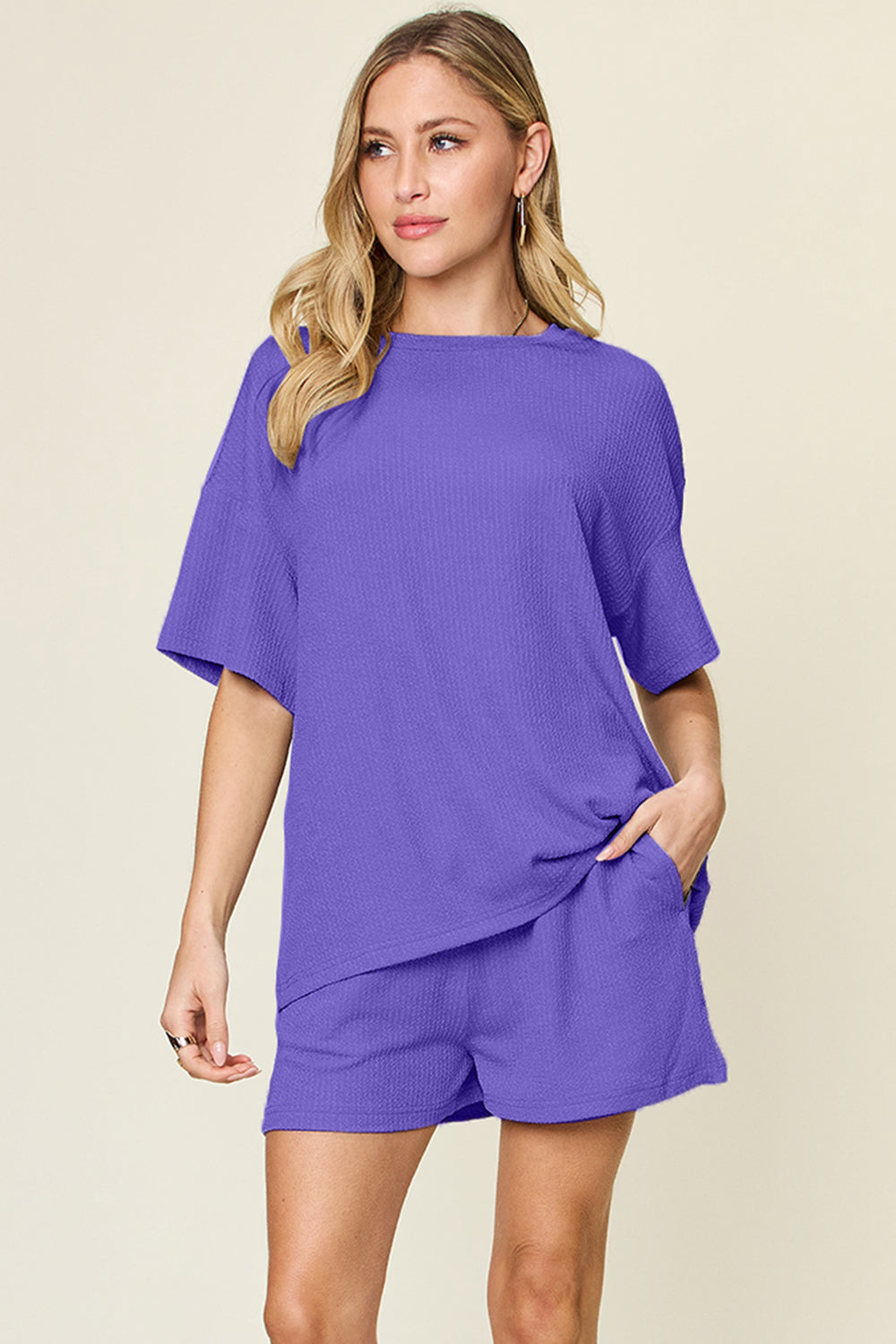 Double Take Basic style Round Neck Solid Set 