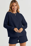 Double Take Full Size Texture Long Sleeve Top and Drawstring Shorts Set 
