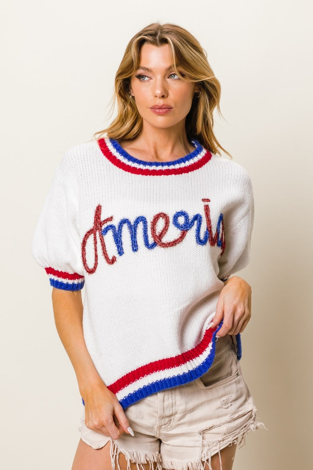 BiBi Metallic America Letter Short Sleeve Sweater 
