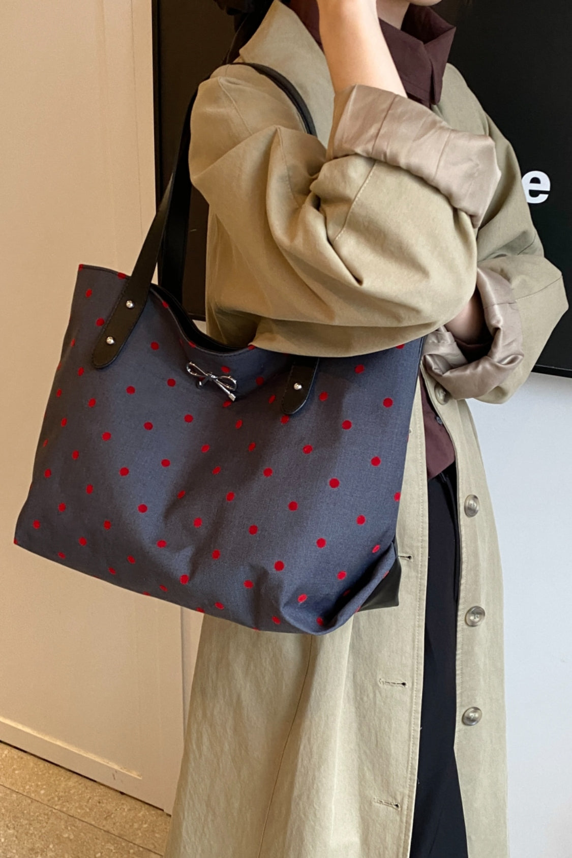 Polyester Bow Polka Dot Tote Bag 