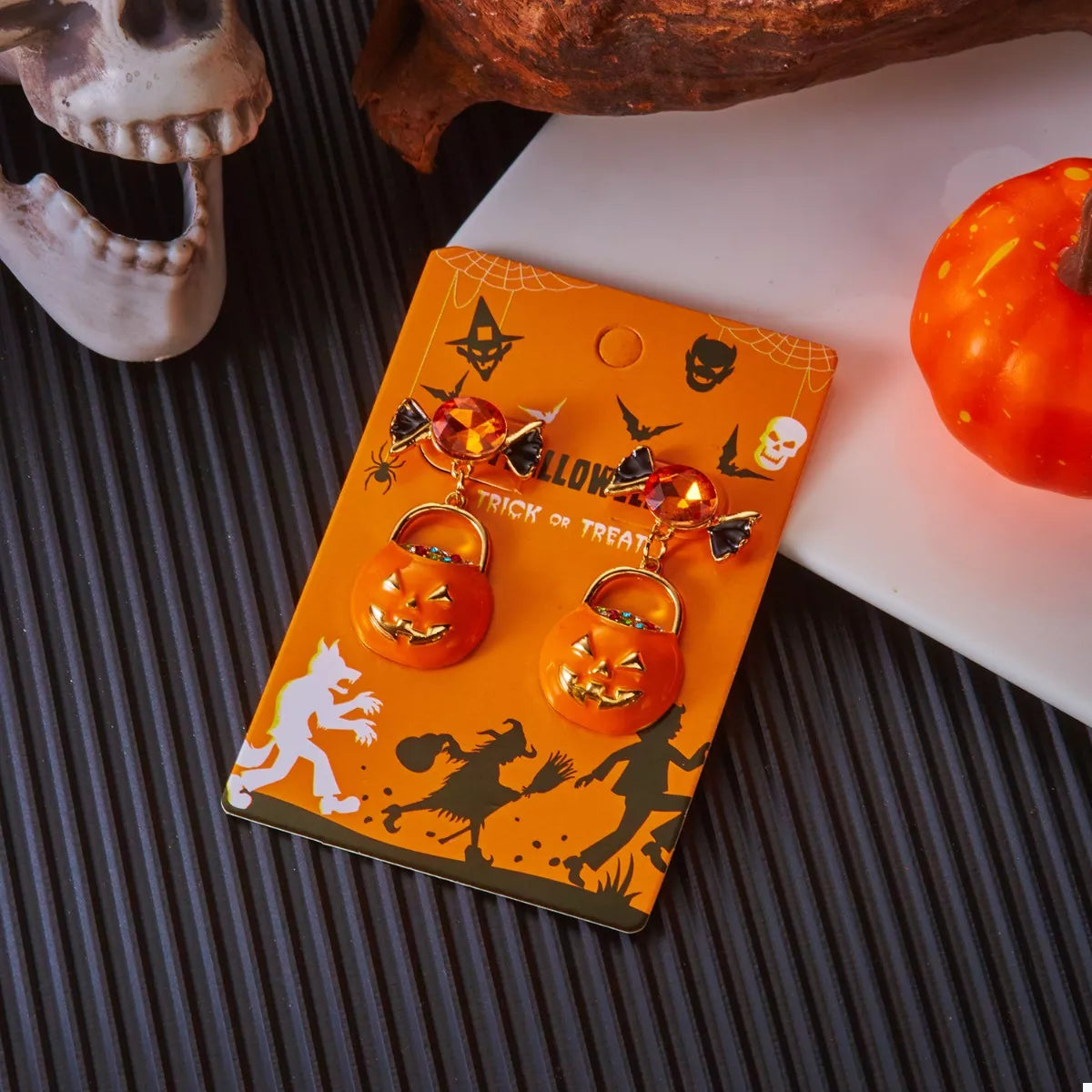 Halloween Rhinestone Pumpkin Dangle Earrings 