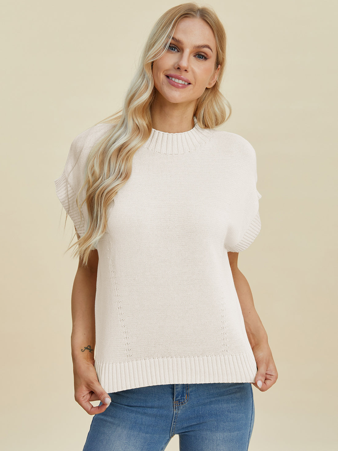 Double Take Full Size Mock Neck Short Sleeve Sweater 
